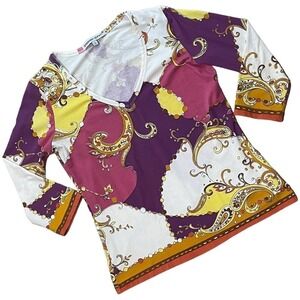 Barbara Gerwit Women's Multicolor Paisley 3/4 Sleeve V Neck Top Size Small